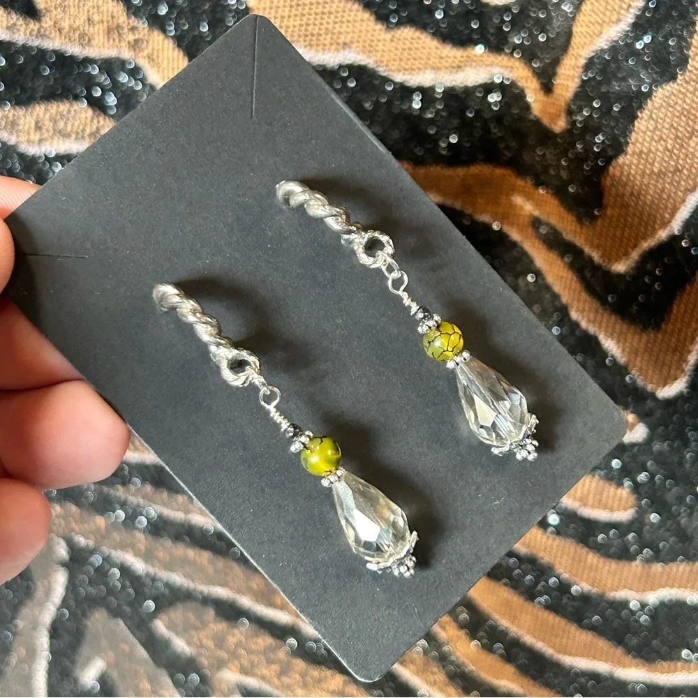 Handcrafted raindrop faceted rutilated quartz dragon vein hematite earrings